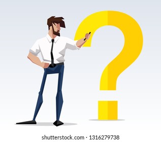 flat illustrated character businessman man with a beard stands next to a question mark and thinks. Businessman looks into the phone and thinks. Search in the phone