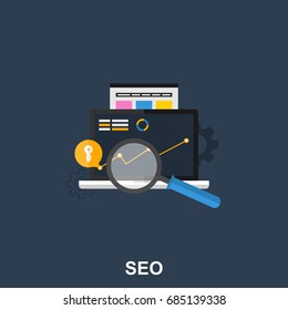 Flat Illustrated Design concept  of a Laptop with Magnifying Glass and SEO screens. Search Engine Optimization
