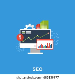 Flat Illustrated Design concept  of a White Monitor with Different Documents and SEO screens. Search Engine Optimization