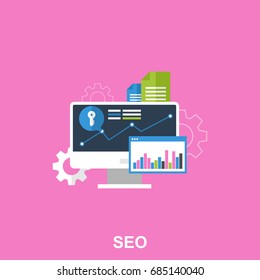Flat Illustrated Design concept  of a White Monitor with Different Documents and SEO screens. Search Engine Optimization