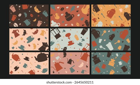 Layout plano ilustrado de xícaras de café, feijões, potes e canecas em tons quentes e frios para menus de café, rituais matinais ou marca acolhedora.