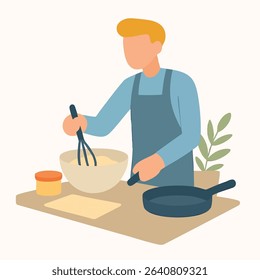 Flat Illustrated Male Chef Mixing Batter in Kitchen Cooking Scene