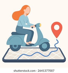 Flat Illustrated Woman Riding Scooter on a Map Icon for Delivery Services