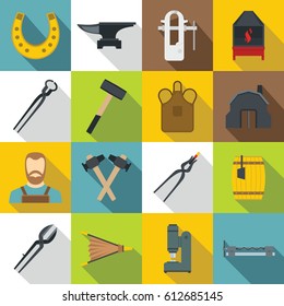 Flat illustration of 16 blacksmith vector icons for web