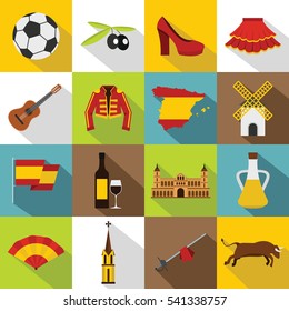 Flat illustration of 16 Spain travel vector icons for web