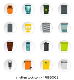 Flat illustration of 16 trash can and recycle bin vector icons for web