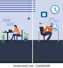 flat illustration 2 people working in office full of stress and thoughts and free and happy