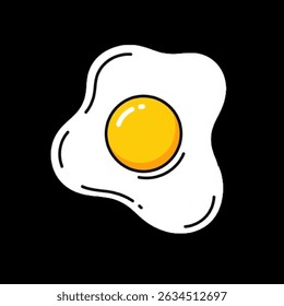 Flat illustration of a 2D cartoon style fried egg with bright yellow yolk and wavy white, with a thick black border. The black background emphasizes the shape of the egg.