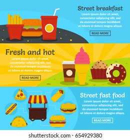 Flat illustration of 3 street fast food vector horizontal banners for web