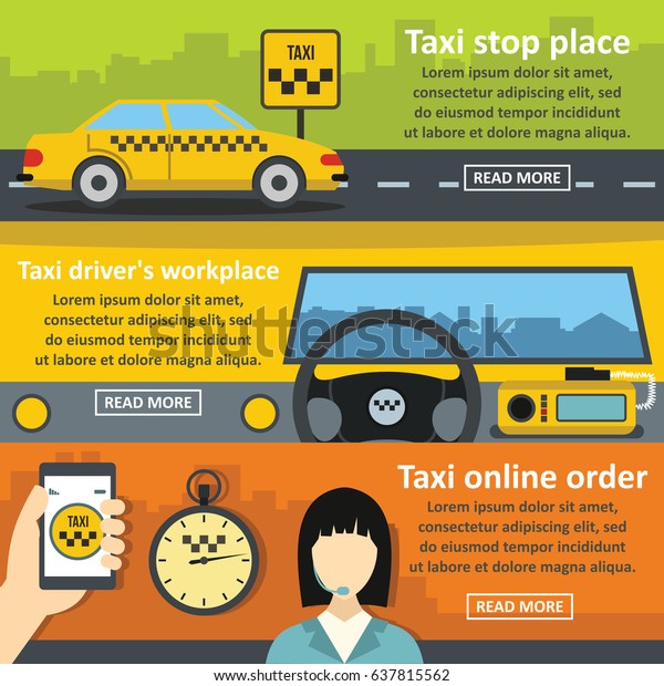 Flat illustration of 3 taxi service vector banner\
horizontal concepts for\
web