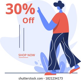 Ilustración plana del 30% de descuento, concepto de venta promocional, perfecto para tiendas online, marketing, banner de medios sociales, desarrollo de aplicaciones web y móviles