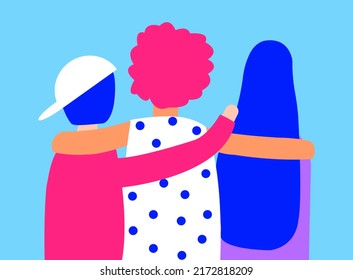 Flat illustration about diverse friendship without boundaries. Back side of teenagers are seen, each of them put hand on each others shoulder. 