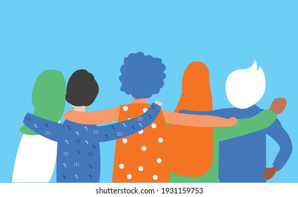 Flat illustration about friendship, bond, diversity, inclusion and togetherness without any difference. Some teenager boy and girls back side is seen, each of them put their hand in others shoulder. 