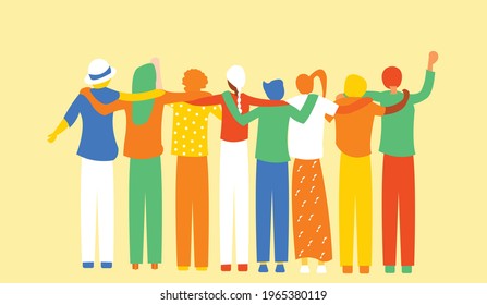 Flat illustration about friendship, bond, diversity, inclusion and togetherness without any difference. Some teenager boy and girls  standing together back side is seen, each of them put their hand