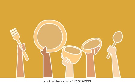 Flat illustration about hunger, showing hand of people holding plates, bowl, spoon and fork