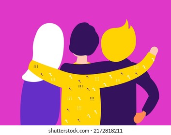 Flache Illustration über inklusive und diversifizierte Freunde ohne Grenzen. Die Teenager werden auf der Rückseite gesehen, jeder von ihnen hat sich die Hand auf die Schulter gelegt. 