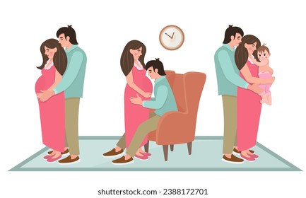 Ilustración plana sobre el embarazo y el parto. Joven embarazada con su marido. Un hombre besa y abraza a su esposa. Embarazo y recién nacido. Papá y mamá con un niño. Embarazo saludable y feliz.