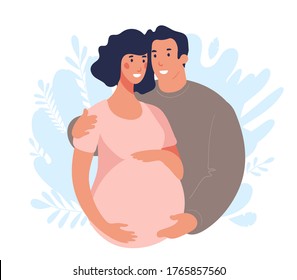 Ilustración plana sobre el embarazo y el parto de pareja. Mujer joven embarazada con marido. Un hombre cuida y abraza a su esposa. Vector aislado en fondo blanco