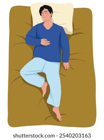 Flat illustration about sleeping boy. Deep dream and bedtime concept. Flat Illustration men sleeping alone in beds. Lying with pillows in beds.