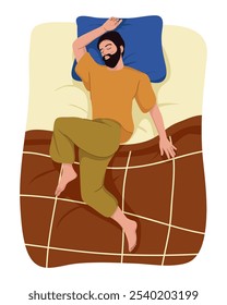 Flat illustration about sleeping boy lying in bed, asleep man. Deep dream and bedtime concept. Flat Illustration men sleeping alone in beds. Lying with pillows in beds.