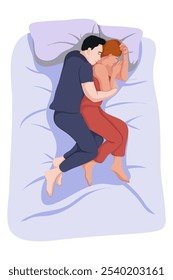 Ilustración plana sobre la pareja durmiente. Sueño profundo y concepto de la hora de acostarse. Ilustración plana hombres y mujeres durmiendo pareja en camas. Acostado y abrazado con almohadas.