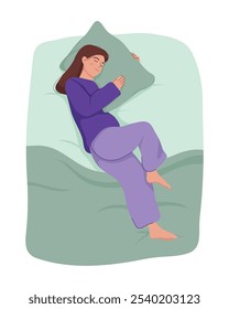 Ilustración plana sobre la cubierta de la muchacha durmiente con la manta. Sueño profundo y concepto de la hora de acostarse. Ilustración plana mujeres durmiendo solas en las camas. Acostado con almohadas y mantas.