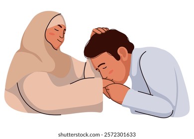 Flat illustration about Son Kiss Mother Hand isolated on white background. Muslim family, religious parents and children. Son kiss mother hand in Ramadan. Islam religion concept.