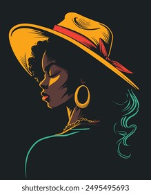 Flat Illustration of Abstract Girl with Round Hat, Model Posing Character isolated on black background