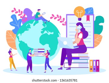 Flat Illustration Access to Free Webinars Cartoon. Girl uses E-books and Electronic Notebooks for Learning Remotely. Young People Hold Books against Backdrop Planet. Girl Talking on Phone.