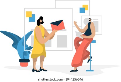 flat illustration Administration Staff Jobs online business marketing, the concept of men checking the duties of female employees