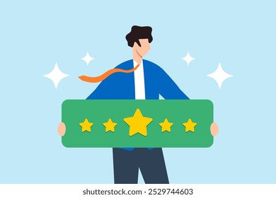 Ilustración plana de Cliente adulto tiene una calificación de 5 estrellas que representa el Comentarios positivo del cliente y la satisfacción del Cliente