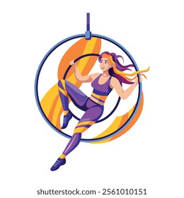 A flat illustration of aerial acrobat character sitting in a ring 
