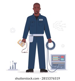 A flat illustration of an African American electrical technician standing with a multimeter and cables while wearing a blue work uniform.