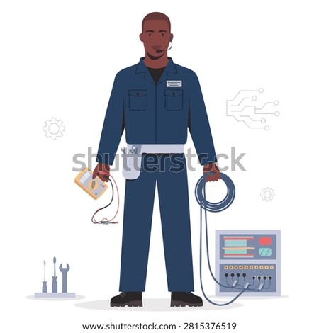 A flat illustration of an African American electrical technician standing with a multimeter and cables while wearing a blue work uniform.