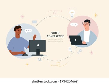 Flat illustration of African and Asian businessmen having online video conference