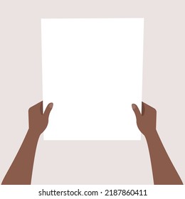 Flat illustration of african hands holding a sheet of paper with place for text. Mockup notice. Read letter. Vector template for articles, brochures and your design.