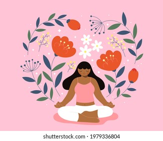 Flat illustration of an African woman meditating on floral background. Concept of meditation and mindfulness. svg