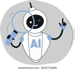 Ilustração plana assistente de IA, avatar digital de um bot. Aplicativo assistente de pesquisa de informações. Para design de UX, plataformas de atendimento ao cliente, tecnologias móveis, automação e serviços de IA.