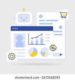 Ilustración plana de AI chatbot en la pantalla de chat móvil con robot, equipo e iconos de 24 horas. Perfecto para conceptos de automatización y Asistencia al cliente de CRM.