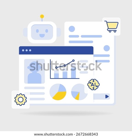 Flat illustration of AI chatbot on mobile chat screen with robot, gear, and 24h icons. Perfect for CRM automation and customer support concepts.