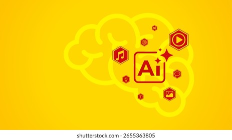 Ilustração plana de um chip de IA com um cérebro sobre um fundo amarelo. O conceito de tecnologia de inteligência artificial que funciona como assistente na vida cotidiana no desempenho de tarefas