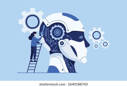 Flat Illustration AI Development - Human Collaboration with Artificial Intelligence, Future Technology Concept, Machine learning, prompt engineer
