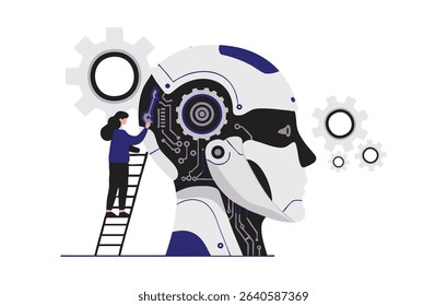Flat Illustration AI Development, Robotic Head, Technological Innovation, Female Engineer, Futuristic Technology Concept, Machine learning, prompt engineer