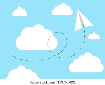 Flat illustration of Airplane or plane paper flying sky among clouds