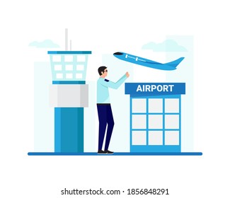 Flat illustration of airport and officer service. vector