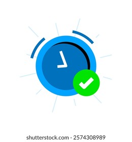 Flat illustration of an alarm clock with a check mark, symbolizing that reminders have been successfully activated on a mobile app. for ui design, mobile app features, or time management concepts