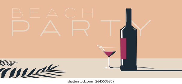 Flat illustration alcohol bottle and cocktail glass, palm tree shadow. Beach party banner, booze, summer festival, tropical vacation, alcohol menu design