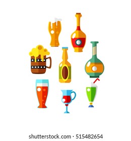 Flat illustration of alcohol drinks. Bottles and glasses isolated on white