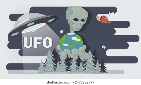 Flat illustration, an alien holding planet earth in his palms, against a forest background