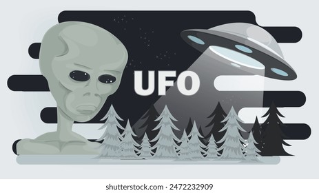 Flat illustration, an alien over a forest at night and a flying UFO 